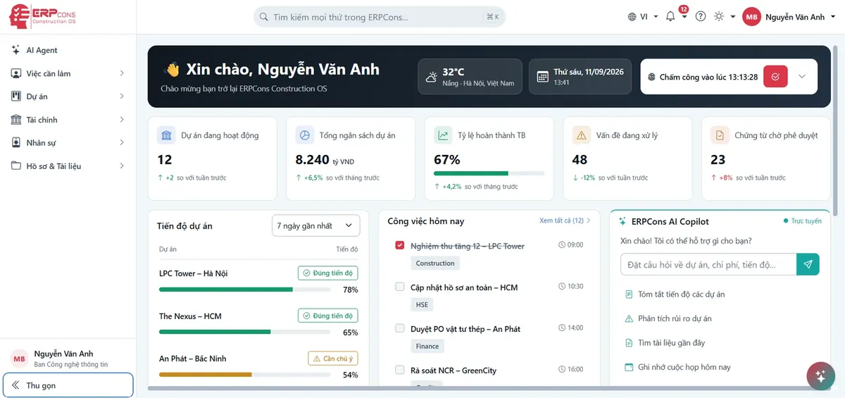 Màn hình trang chủ ứng dụng ERPCons